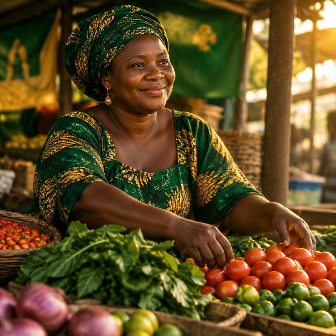A smiling market trader arranging fresh produce at her stall